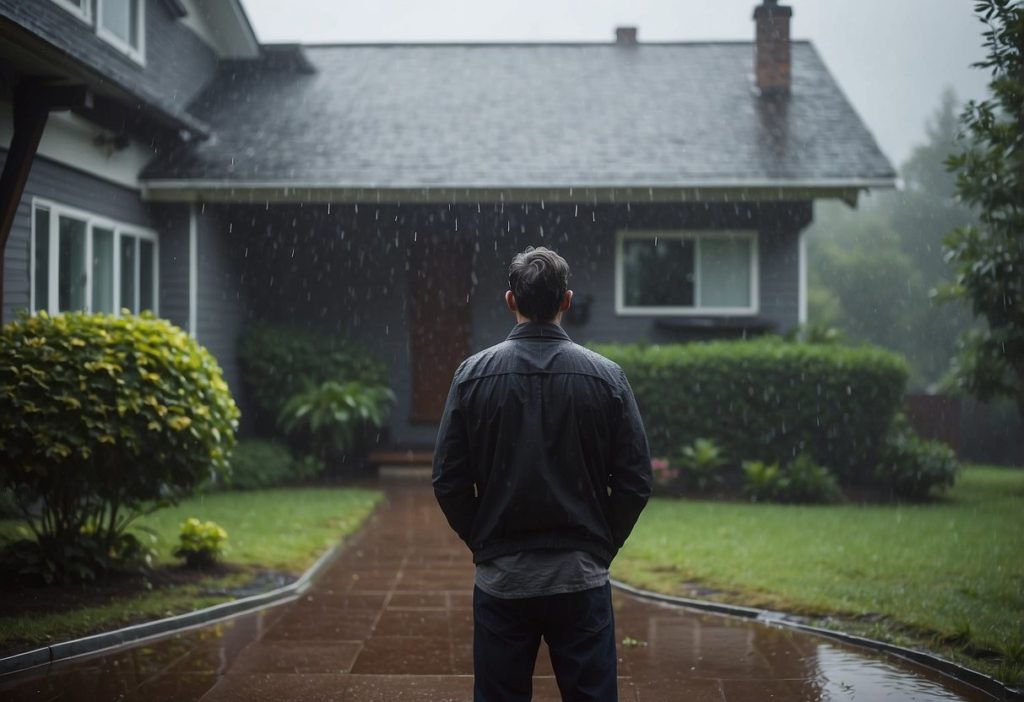 man standing in the rain staring at his house