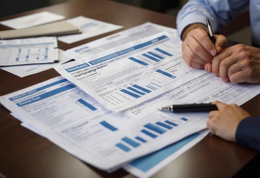 A person comparing two insurance policies in an office setting, with documents and charts spread out on a desk. The person is carefully considering the differences between general liability and professional liability in Ontario